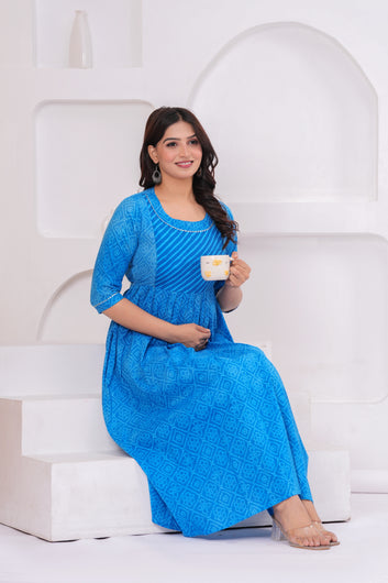 Elegant Blue Printed Maternity Dress – Comfort Meets Style