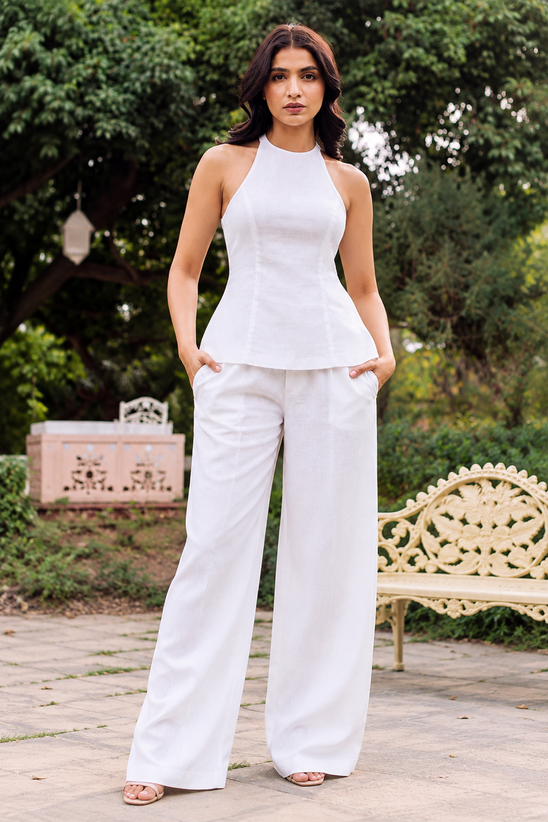 White Halter Neck Wide-Leg Co-ord Set