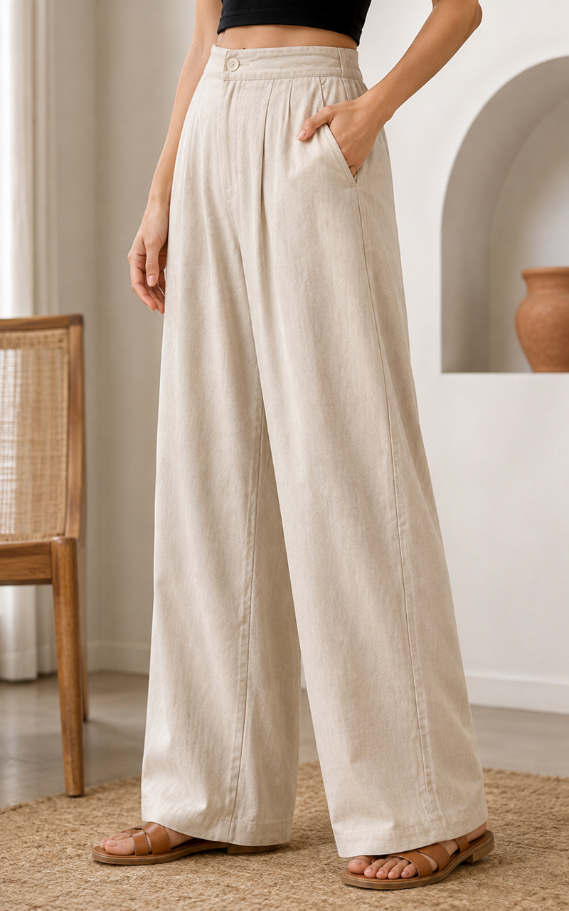 Women’s Beige High-Waisted Wide Leg Linen Pants with Pockets