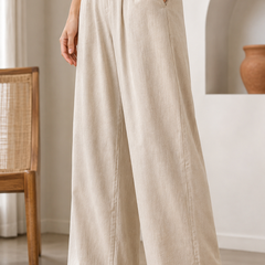 Women’s Beige High-Waisted Wide Leg Linen Pants with Pockets