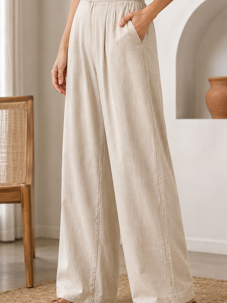 Women’s Black High-Waisted Wide Leg Linen Pants with Pockets