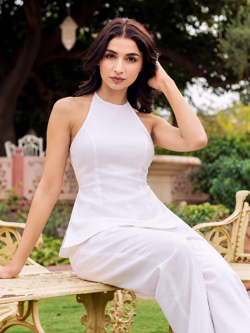 White Halter Neck Wide-Leg Co-ord Set