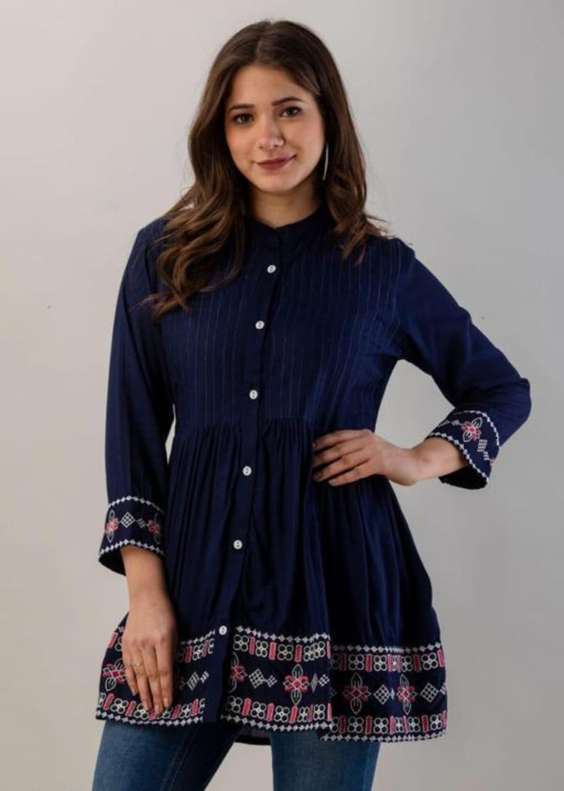 Elegant Blue Rayon Embroidered Top