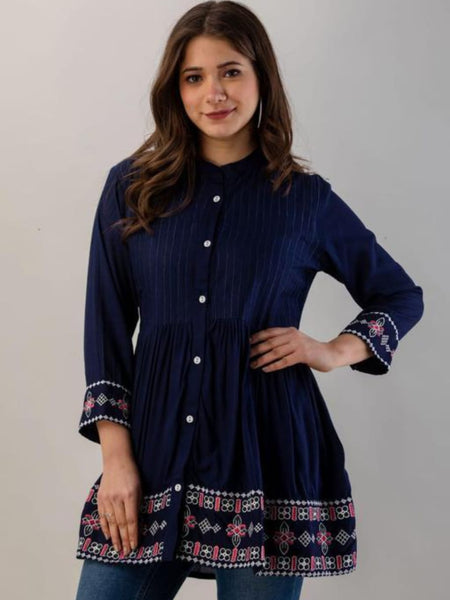 Elegant Blue Rayon Embroidered Top