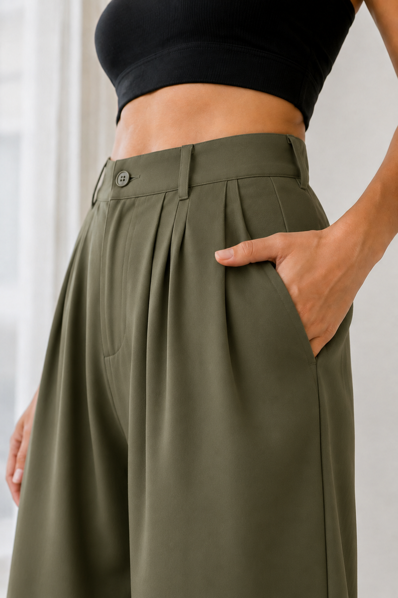 Women’s Olive Green Linen Wide Leg Palazzo Pants with Pockets