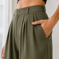 Women’s Olive Green Linen Wide Leg Palazzo Pants with Pockets