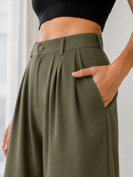 Women’s Olive Green Linen Wide Leg Palazzo Pants with Pockets