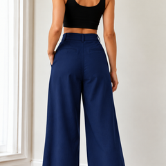 Women’s  Navy Blue Wide Leg Linen Pants with Pockets