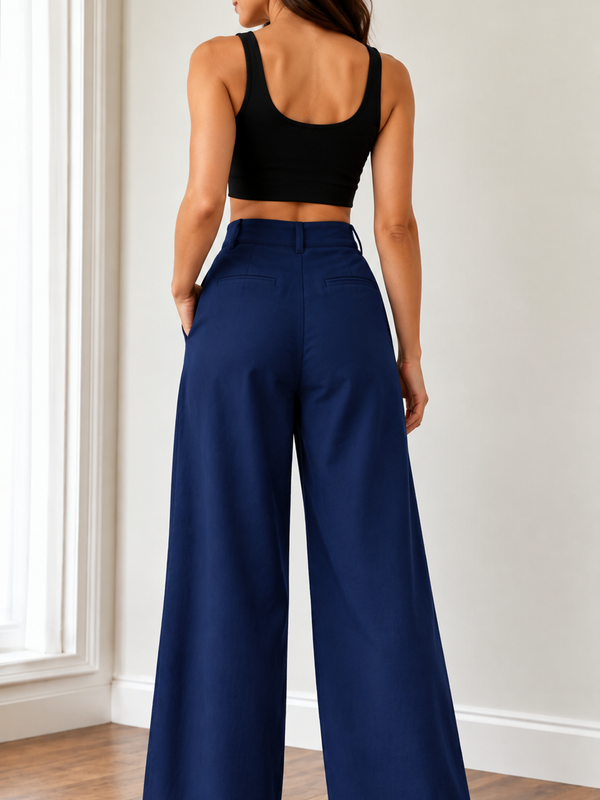 Women’s  Navy Blue Wide Leg Linen Pants with Pockets