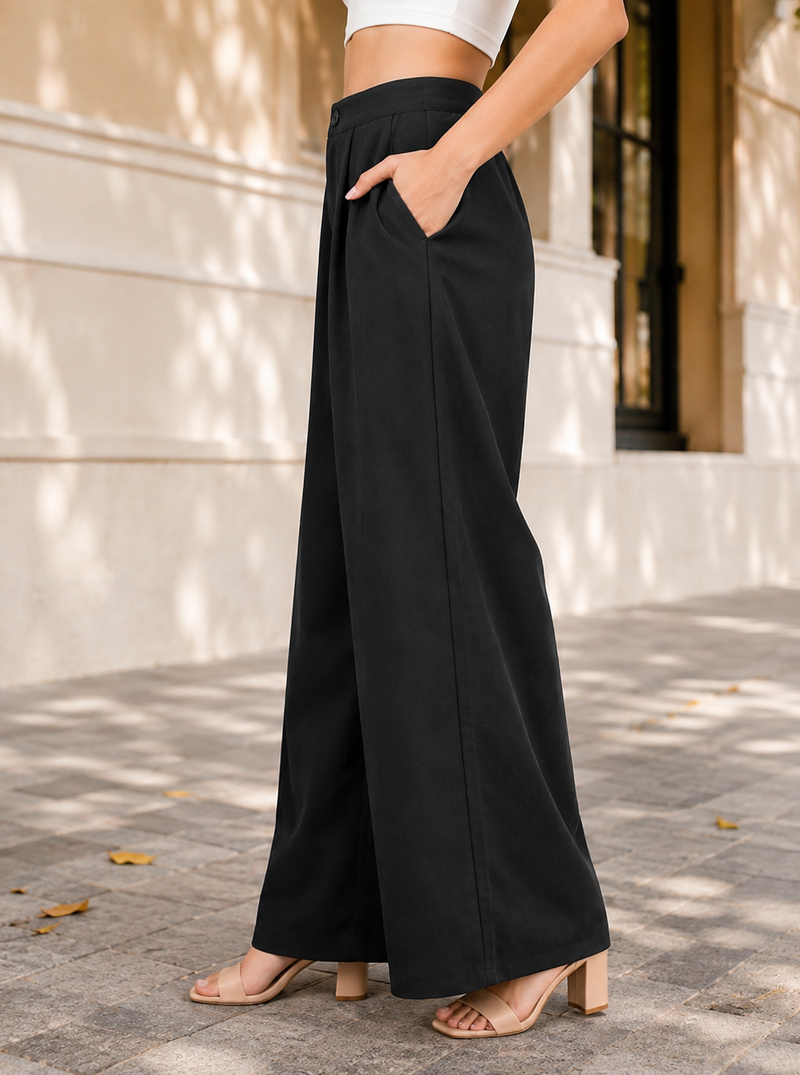Women’s Black High-Waisted Wide Leg Linen Pants with Pockets