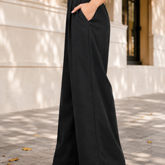 Women’s Black High-Waisted Wide Leg Linen Pants with Pockets