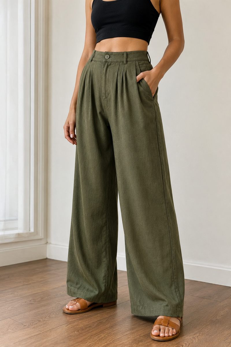 Women’s Olive Green Linen Wide Leg Palazzo Pants with Pockets