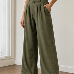 Women’s Olive Green Linen Wide Leg Palazzo Pants with Pockets