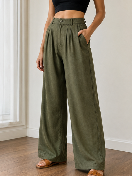 Women’s Olive Green Linen Wide Leg Palazzo Pants with Pockets