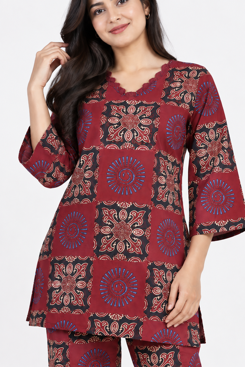 Maroon Ajrakh Print Patchwork Co-ord Set