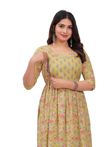 Olive Yellow - Maternity Feeding Kurti with Zipper | Cotton Floral Printed Pregnancy & Nursing Dress | Comfortable & Stylish Maternity Wear for Women | Breastfeeding Kurta with Zipper | Soft & Elegant