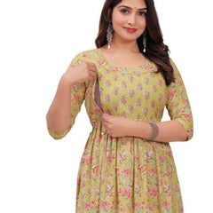 Olive Yellow - Maternity Feeding Kurti with Zipper | Cotton Floral Printed Pregnancy & Nursing Dress | Comfortable & Stylish Maternity Wear for Women | Breastfeeding Kurta with Zipper | Soft & Elegant