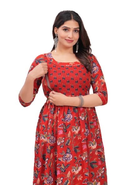 Red - Maternity Feeding Kurti with Zipper | Cotton Floral Printed Pregnancy & Nursing Dress | Comfortable & Stylish Maternity Wear for Women | Breastfeeding Kurta with Zipper | Soft & Elegant