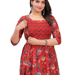 Red - Maternity Feeding Kurti with Zipper | Cotton Floral Printed Pregnancy & Nursing Dress | Comfortable & Stylish Maternity Wear for Women | Breastfeeding Kurta with Zipper | Soft & Elegant