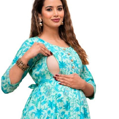 Electric Blue - Maternity Feeding Kurti with Zipper | Cotton Floral Printed Pregnancy & Nursing Dress | Comfortable Maternity Wear for Women | Breastfeeding Kurta Set with Zip | Stylish & Soft