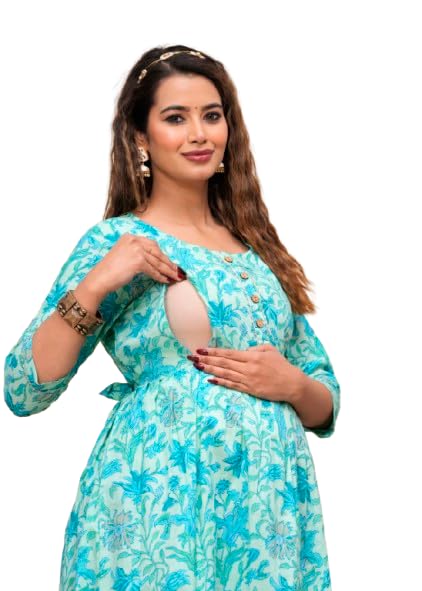 Aqua - Maternity Feeding Kurti with Zipper | Cotton Floral Printed Pregnancy & Nursing Dress | Comfortable & Stylish Maternity Wear for Women | Breastfeeding Kurta with Zipper | Soft & Elegant