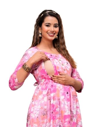 Stylish Women's Pure Cotton All Over Printed Kurti Gown, Maternity Dress, and Feeding Dress – Comfortable and Elegant Maternity Wear for Women Baby Pink