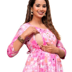 JAIPURFAME Stylish Women's Pure Cotton All Over Printed Kurti Gown, Maternity Dress, and Feeding Dress – Comfortable and Elegant Maternity Wear for Women Baby Pink