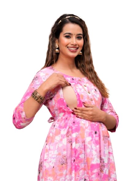 Stylish Women's Pure Cotton All Over Printed Kurti Gown, Maternity Dress, and Feeding Dress – Comfortable and Elegant Maternity Wear for Women Baby Pink