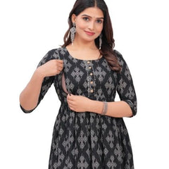 Black - JAIPURFAME Maternity Feeding Kurti with Zipper | Cotton Floral Printed Pregnancy & Nursing Dress | Comfortable & Stylish Maternity Wear for Women | Breastfeeding Kurta with Zipper | Soft & Elegant