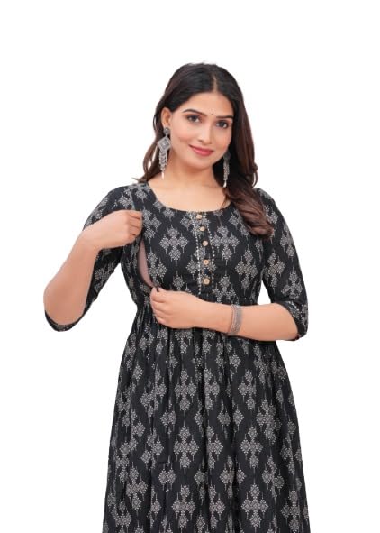 Black - Maternity Feeding Kurti with Zipper | Cotton Floral Printed Pregnancy & Nursing Dress | Comfortable & Stylish Maternity Wear for Women | Breastfeeding Kurta with Zipper | Soft & Elegant