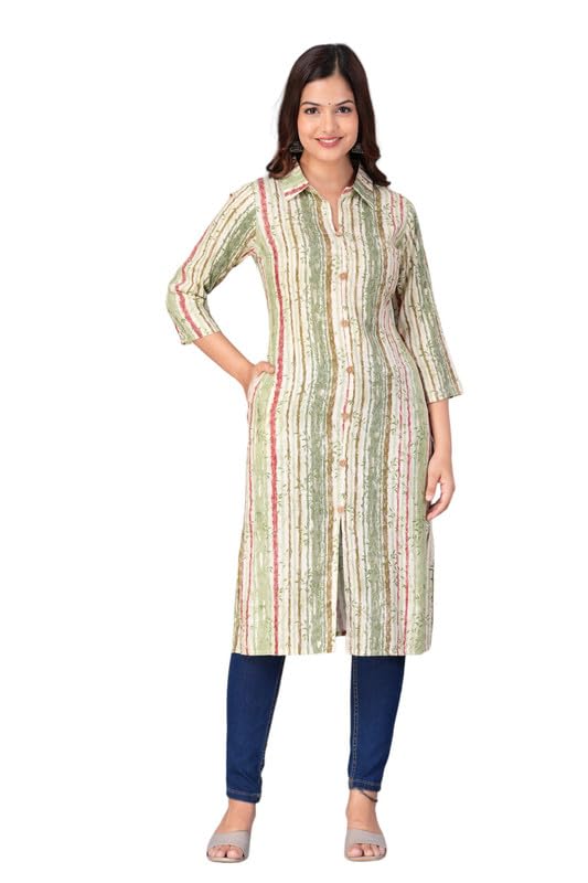 Green - Women's Cotton Kurta | Elegant Rust Stripe Collar-Neck Kurta | Perfect Blend of Comfort & Style | Suitable for Party & Casual Wear