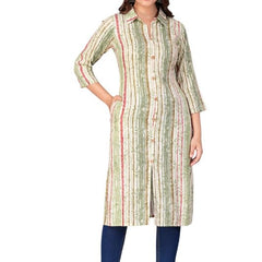 Green - Women's Cotton Kurta | Elegant Rust Stripe Collar-Neck Kurta | Perfect Blend of Comfort & Style | Suitable for Party & Casual Wear