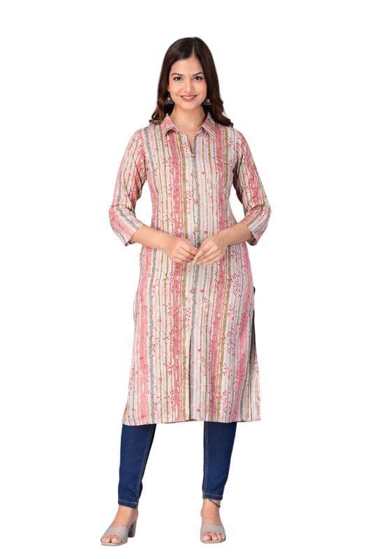 Peach - Women's Cotton Kurta | Elegant Rust Stripe Collar-Neck Kurta | Perfect Blend of Comfort & Style | Suitable for Party & Casual Wear