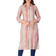 Peach - Women's Cotton Kurta | Elegant Rust Stripe Collar-Neck Kurta | Perfect Blend of Comfort & Style | Suitable for Party & Casual Wear
