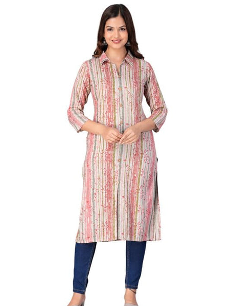Peach - Women's Cotton Kurta | Elegant Rust Stripe Collar-Neck Kurta | Perfect Blend of Comfort & Style | Suitable for Party & Casual Wear
