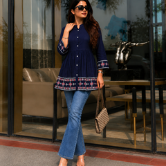 Elegant Blue Rayon Embroidered Top
