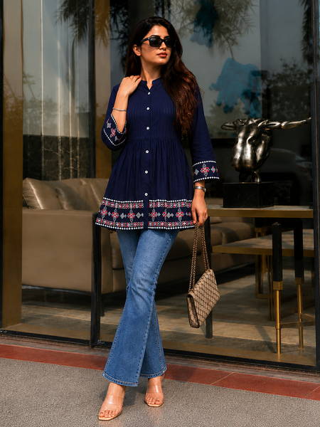 Elegant Blue Rayon Embroidered Top