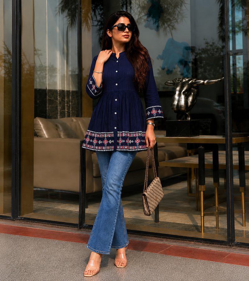 Elegant Blue Rayon Embroidered Top