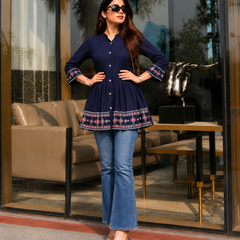 Elegant Blue Rayon Embroidered Top