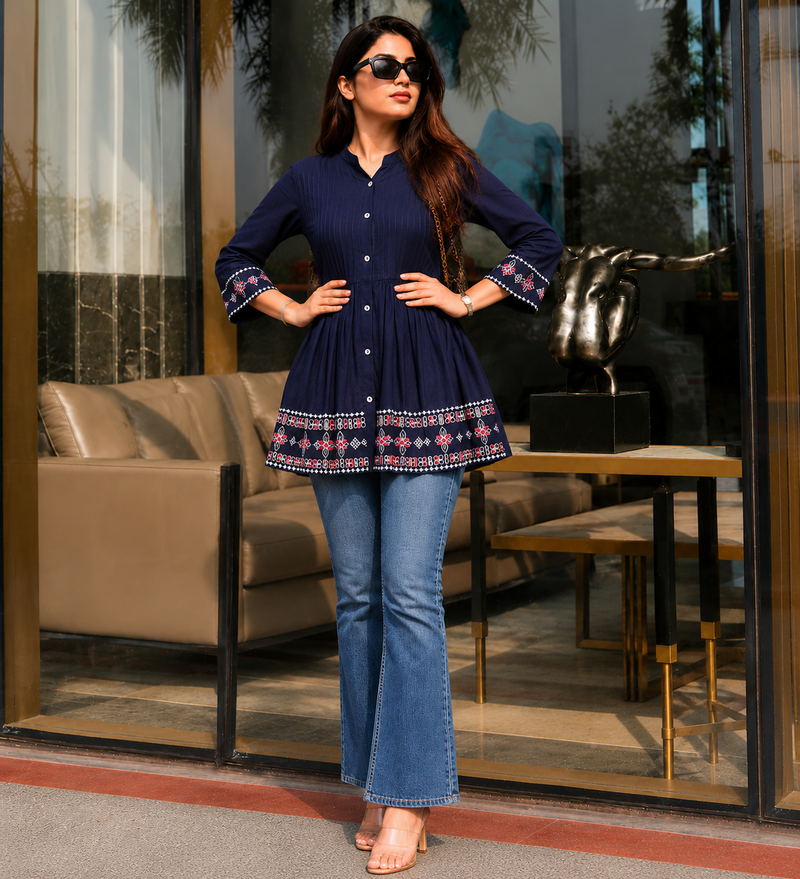 Elegant Blue Rayon Embroidered Top