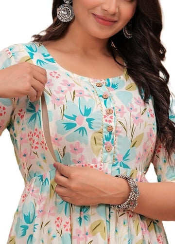 CREAM - JAIPURFAME Women's Stylish Pure Cotton Printed Kurti Gown – Comfortable and Elegant Maternity & Feeding Dress for Women