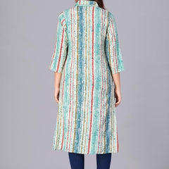 Sky Blue - Women's Cotton Kurta | Elegant Rust Stripe Collar-Neck Kurta | Perfect Blend of Comfort & Style | Suitable for Party & Casual Wear