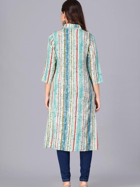 Sky Blue - Women's Cotton Kurta | Elegant Rust Stripe Collar-Neck Kurta | Perfect Blend of Comfort & Style | Suitable for Party & Casual Wear