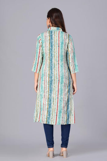 Sky Blue - Women's Cotton Kurta | Elegant Rust Stripe Collar-Neck Kurta | Perfect Blend of Comfort & Style | Suitable for Party & Casual Wear