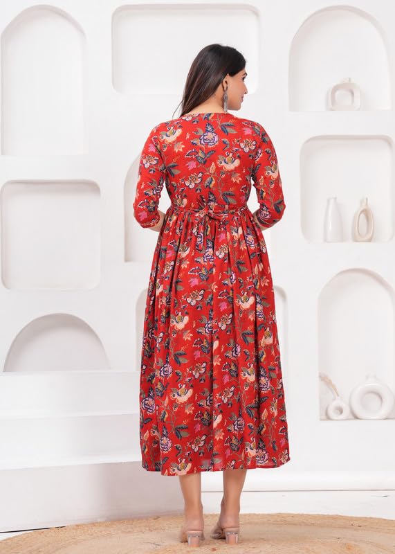 Red - Maternity Feeding Kurti with Zipper | Cotton Floral Printed Pregnancy & Nursing Dress | Comfortable & Stylish Maternity Wear for Women | Breastfeeding Kurta with Zipper | Soft & Elegant