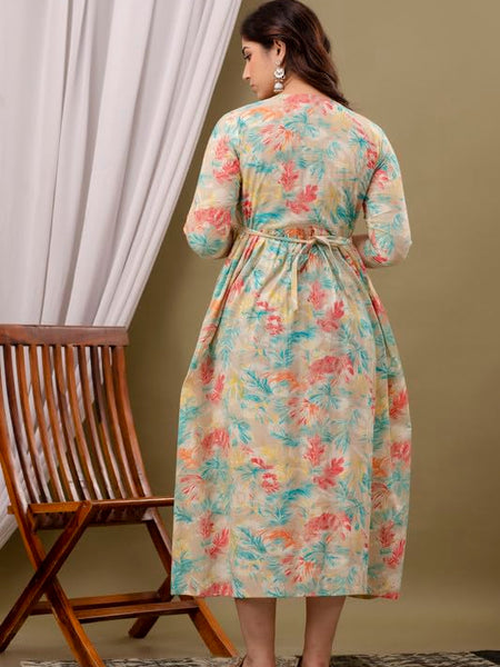 Cream - Maternity Feeding Kurti with Zipper | Cotton Floral Printed Pregnancy & Nursing Dress | Comfortable Maternity Wear for Women | Breastfeeding Kurta Set with Zip | Stylish & Soft