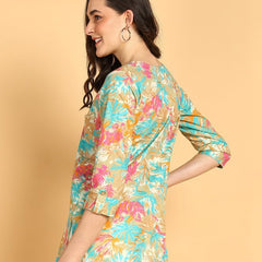 Cream - Women's Floral Printed Cotton Top - Stylish Long Top with Mandarin Collar, Perfect for Jeans, Ideal for Casual & Ethnic Wear