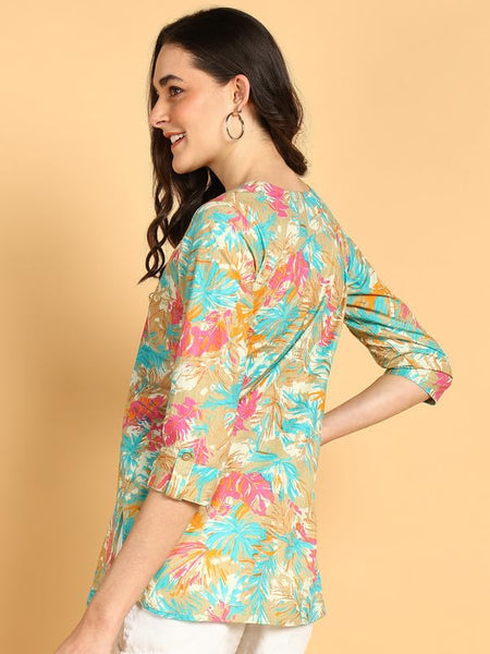 Cream - Women's Floral Printed Cotton Top - Stylish Long Top with Mandarin Collar, Perfect for Jeans, Ideal for Casual & Ethnic Wear