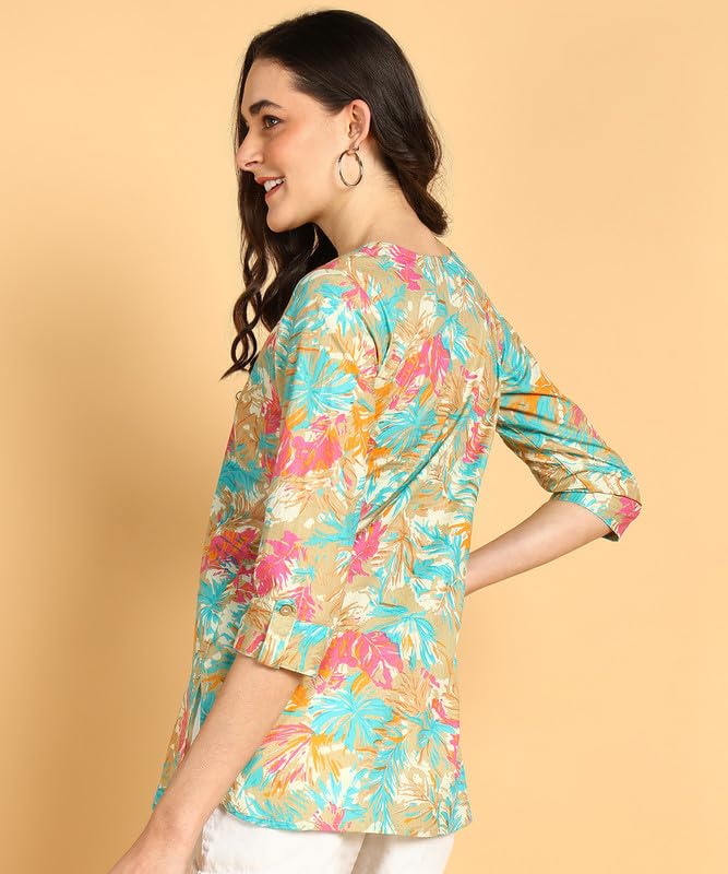 Cream - Women's Floral Printed Cotton Top - Stylish Long Top with Mandarin Collar, Perfect for Jeans, Ideal for Casual & Ethnic Wear