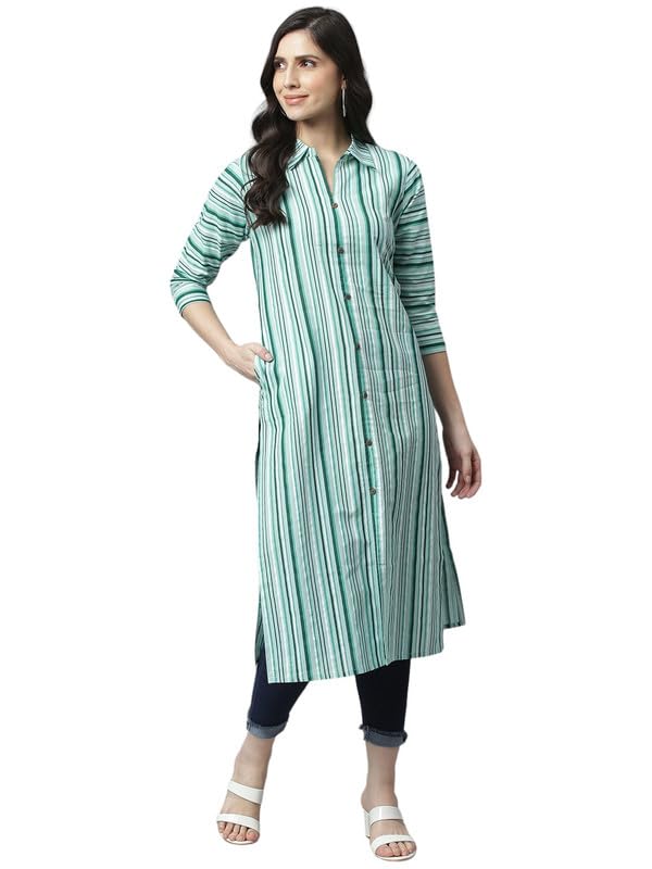 Green - Women's Rayon Kurta | Elegant Rust Stripe Collar-Neck Kurta | Perfect Blend of Comfort & Style | Suitable for Party & Casual Wear